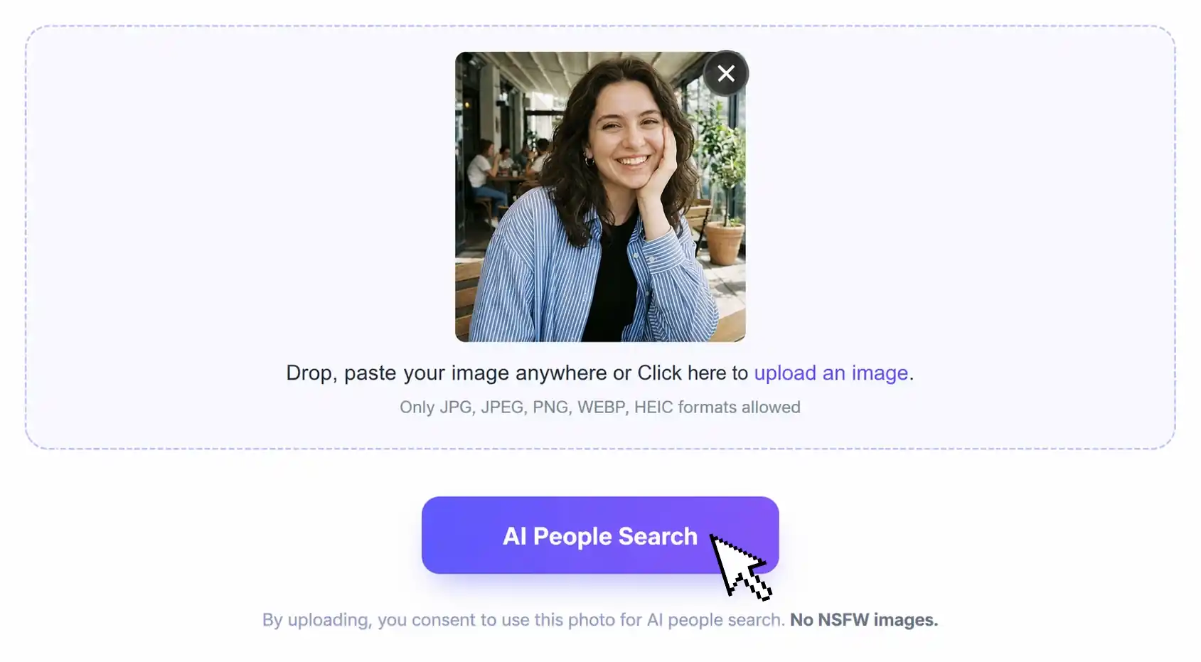 AI photo search upload interface for image input, supporting drag-and-drop, paste, and click upload with multiple image formats