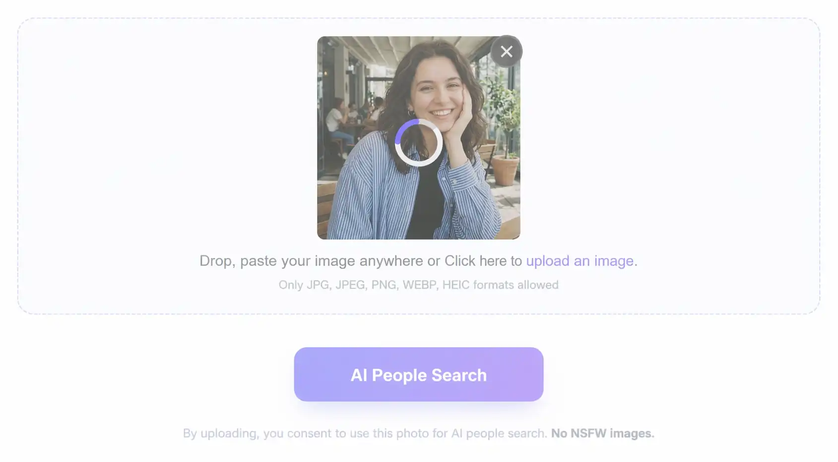 Loading screen for reverse image search AI processing, showing request in progress during AI people search