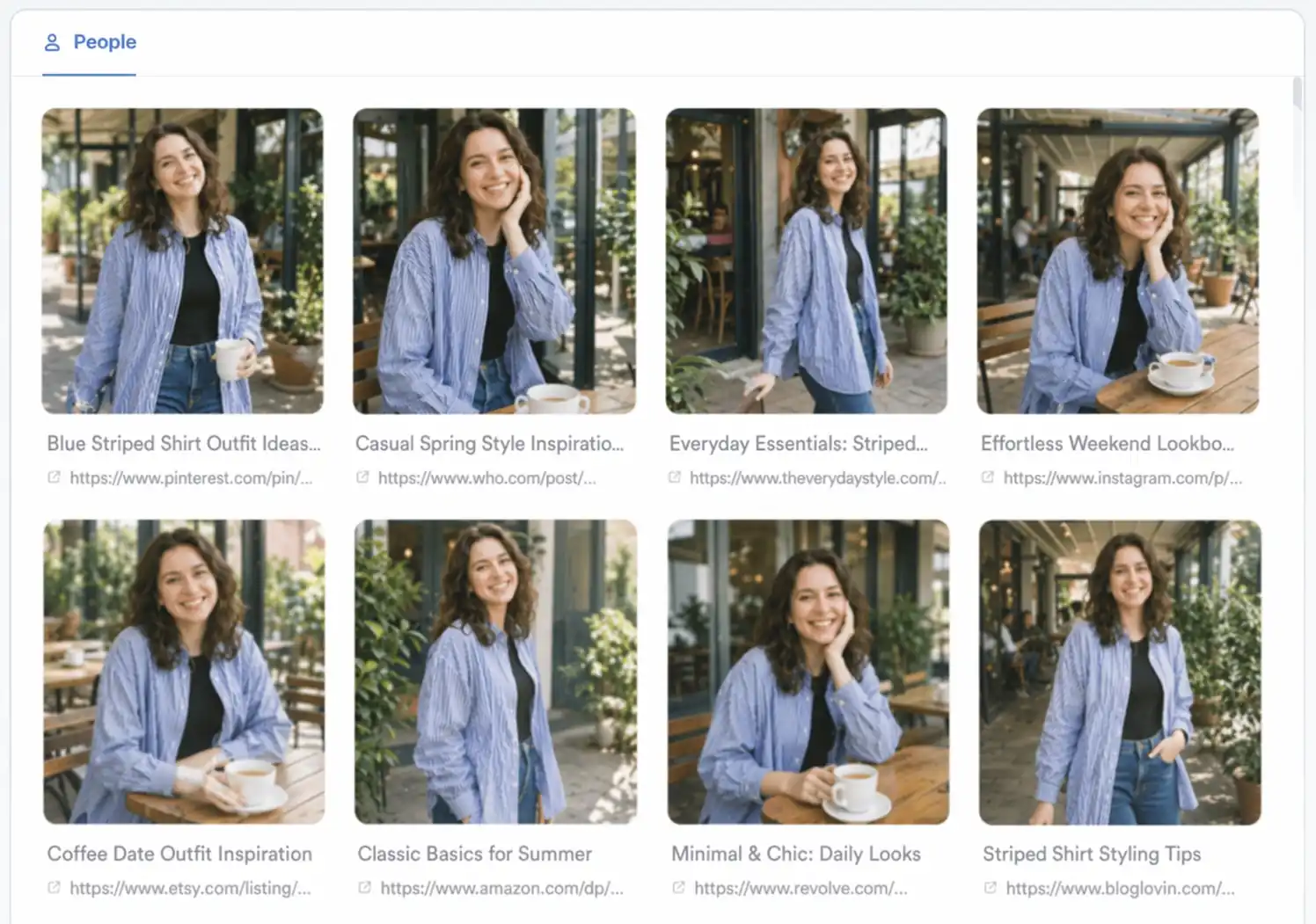 Unlock matching results page for AI person finder by photo, displaying matched social media images with source URLs