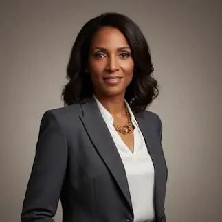 Professional headshot of a woman in a dark blazer, featured as a LinkedIn profile example in an AI people search platform to analyze facial data and identify matching professional profiles.